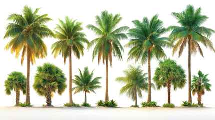 Set of green palm trees isolated on a white transparent background