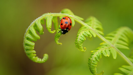 A vibrant red ladybug with black spots rests on a delicate, unfurling green fern frond, with a soft, blurred green background