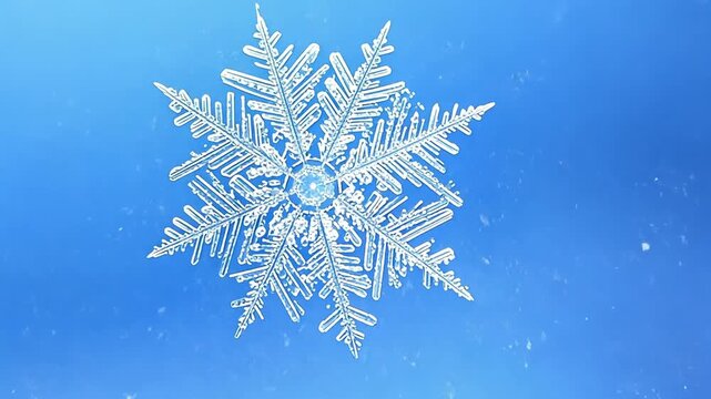 A detailed snowflake with intricate patterns against a blue background. The snowflake showcases unique crystalline structures and symmetry.