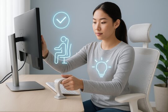 A young woman setting up computer monitor with correct posture in modern office