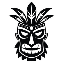 Black and White Tribal Mask Illustration Featuring Feathers and Intricate Design Elements