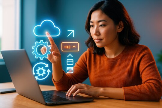 an asian woman working on her laptop, surrounded by glowing digital icons representing cloud computing and technology - Powered by Adobe