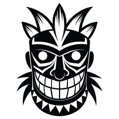 Black Vector Tiki Mask Illustration with Spikes, Grinning Mouth, and Circular Eyes