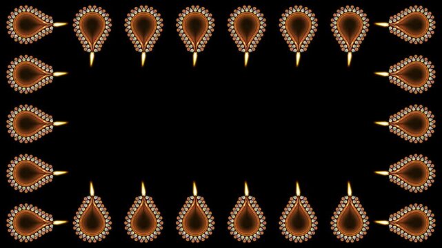 Animated Diwali clay lamps in frame on black background. Concept for indian traditional Diwali festival decoration.