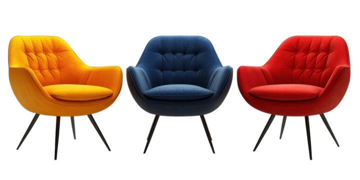 set of three modern chairs in different colors isolated on a white transparent background
