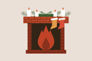 Brick Christmas fireplace with burning fire, decorated with candles, pine branches and hanging stockings, cozy holiday interior. Flat vector illustration