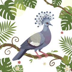 Victoria Crowned Pigeon Vector Illustration with Tropical Leaves and Floral Elements