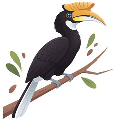 Wrinkled Hornbill Vector Illustration Perched on a Branch with Leaves