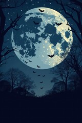 Naklejka premium Eerie Halloween night scene with full moon, bats, and silhouetted trees. Vertical banner. Copy space. Flat illustartion. Free space for text. World bat day
