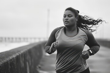 Empowered plus size woman running outdoors with determination in black and white. Horizontal banner. Copy space