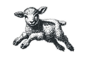 Stippled black ink drawing of a young lamb leaping on transparent background. Vector hand drawn illustration