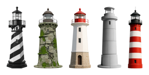 Lighthouse set including striped, rustic, classic, modern, and traditional designs isolated. Maritime navigation and coastal elements collection.