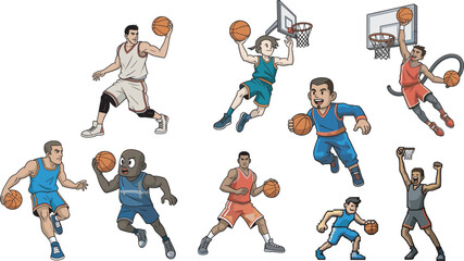 Cartoon basketball player vector set showing dynamic action poses like dribbling, dunking, shooting, and hoop play for sports themes