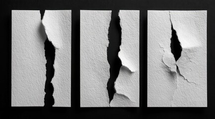 Three ripped sheets of off-white paper against a black background.  Each sheet is torn vertically, displaying ragged edges and creases