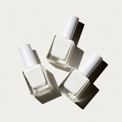 Three white nail polish bottles, square glass, glossy white caps, minimalist aesthetic, soft shadows on a white background