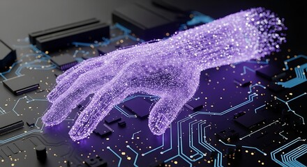 Futuristic glowing purple hand over intricate circuit board with digital energy