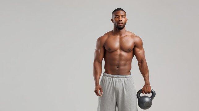 Athletic man standing with a kettlebell, showcasing strength and fitness in a minimalist studio background, emphasizing healthy lifestyle and workout routine.