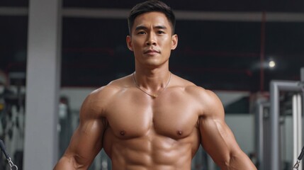 Fototapeta premium Portrait of a Muscular Man in Gym with Defined Abs and Strong Arms Building Strength and Fitness with Equipment Under Bright Lights