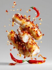 Spicy, golden-brown, food items, like sausages or skewers, are suspended in mid-air, surrounded by chili peppers and spice-like particles.  A glossy, spiced glaze coats the food