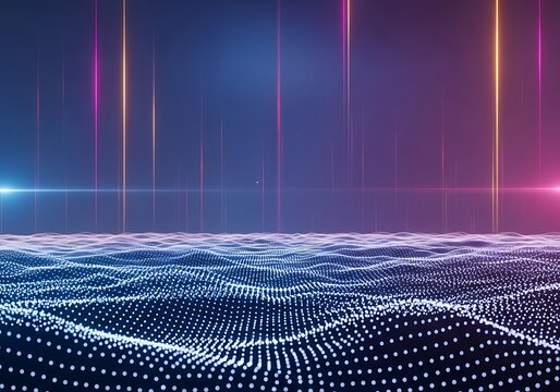 Futuristic digital ocean of light particles and abstract glowing neon data streams