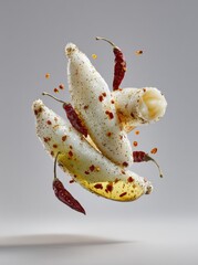 Floating white food items, coated in spice and oil, with chili peppers