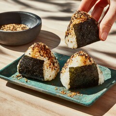 Three onigiri, triangular rice balls, topped with sesame seeds, on a teal plate.  A hand is reaching for one. A small bowl of sesame seeds is visible in the background