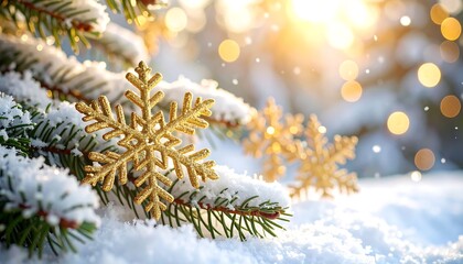 Golden snowflake ornaments on snowy pine branches, soft bokeh lights sparkle in the sunny background