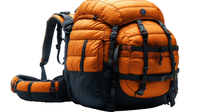tourist backpack isolated on a white transparent background, equipped for climbing, hiking, and outdoor tourism