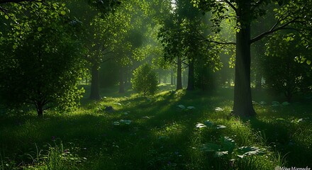 Obraz premium Sunlight filters through the lush green canopy of a serene forest, illuminating the forest floor and creating a peaceful, enchanting atmosphere