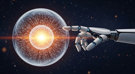 Robot hand interacting with futuristic glowing cell or energy orb in digital space