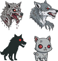 Cute cat transforming into scary werewolf monster illustration, creepy horror fantasy animal character design, evolution concept, cartoon vector art
