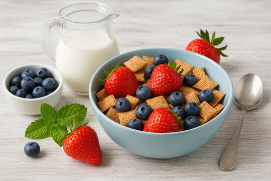Breakfast cereal with strawberries blueberries and milk - Powered by Adobe