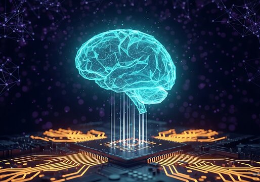 Futuristic neon brain hologram over circuits symbolizing artificial intelligence and neural networks