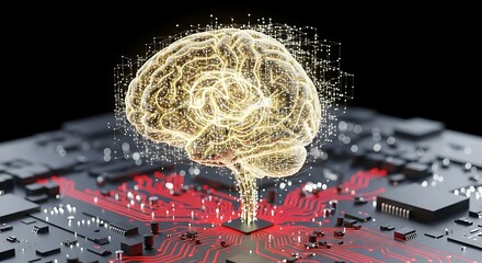 Glowing digital brain overlaying intricate circuitry representing artificial intelligence and technology innovation