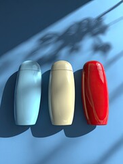 Three  oval-shaped cosmetic containers, light blue, beige, and red,  set against a light blue background with plant shadows
