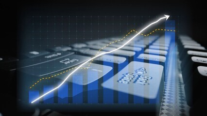Close-up of a keyboard with a data chart overlay showing an upward trend. This image represents growth, technology, and business performance in modern settings. Copula