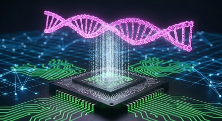 Futuristic digital dna helix emerging from a computer chip and circuit board