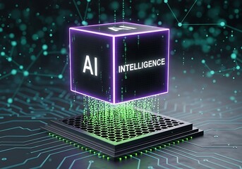 Futuristic ai intelligence cube floats above advanced microchip with glowing green digital connections data stream