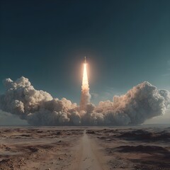 Powerful rocket launch ignites the sky with smoke and flames, symbolizing progress and exploration.