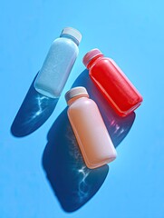 Three small, colored bottles, light-catching shadows on a vibrant blue surface