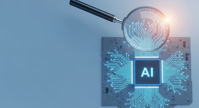 Magnifying glass over ai chip on circuit board technology innovation research concept - Powered by Adobe