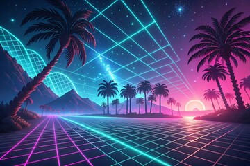 Retro futuristic neon grid landscape with palm trees