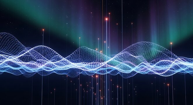 Abstract digital sound waveform with glowing aurora effect and dark futuristic grid background