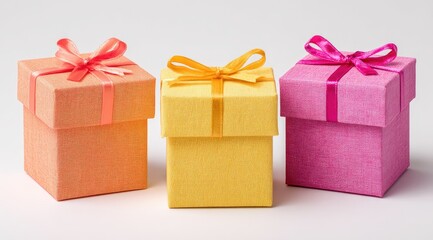 Three small gift boxes in vibrant colors,  each with a matching ribbon bow.  Bright, cheerful presentation