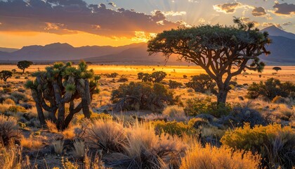 Desert landscape with Joshua trees and golden sunset light