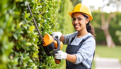 Woman trimming hedge with power tool