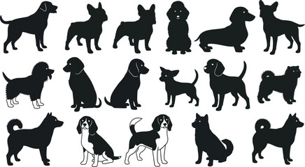 Diverse collection of dog silhouettes various breeds poses and sizes captured in a clean visual design vector