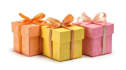 Three small gift boxes in pastel colors,  stacked horizontally,  tied with ribbons