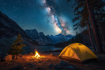 Camping tent with starry milky way night sky at mountain lake with camp fire