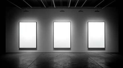 Three blank canvases illuminated by spotlights in a dark, industrial-style gallery